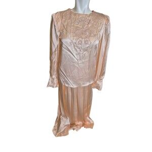 VTG 70s Boho Silk 2pc Outfit Embroidered Eyelet Blouse & Pleated Skirt Peach XS